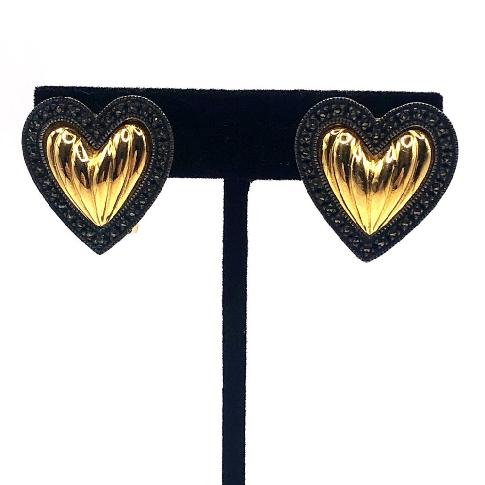 Vintage Judith Jack Gold Tone Marcasite Halo Puffy Heart Clip-On 1" Earrings - Picture 4 of 15